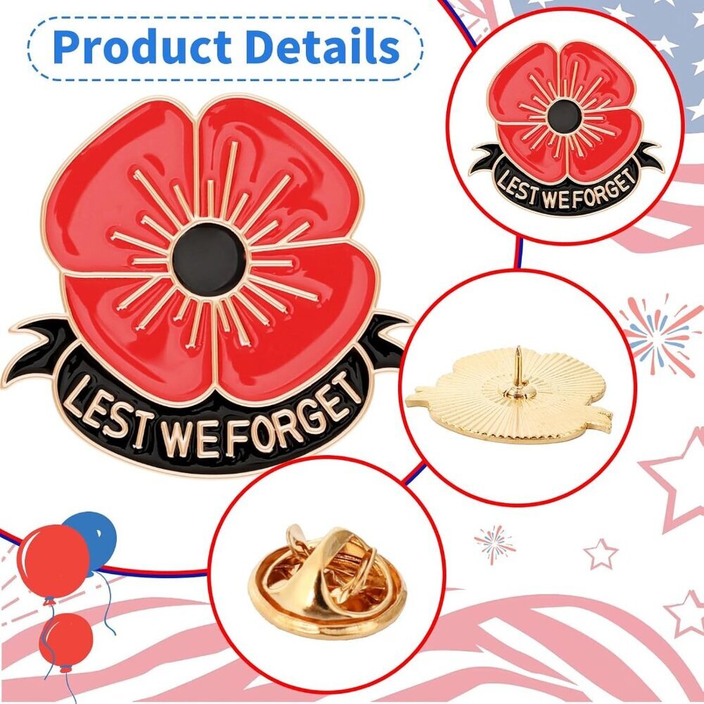 Red Poppy Flower Brooch Pins 60Pcs Memorial Lapel Badges Long-Lasting Enamel Acc - Picture 4 of 7